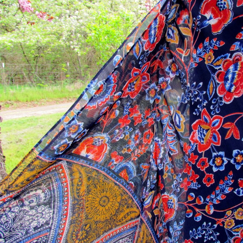 BOHO FESTIVAL DRESS, M, NAVY RED GOLD PRINT, AIRY OVERSKIRT, HANDKERCHIEF HEM - Picture 3 of 9